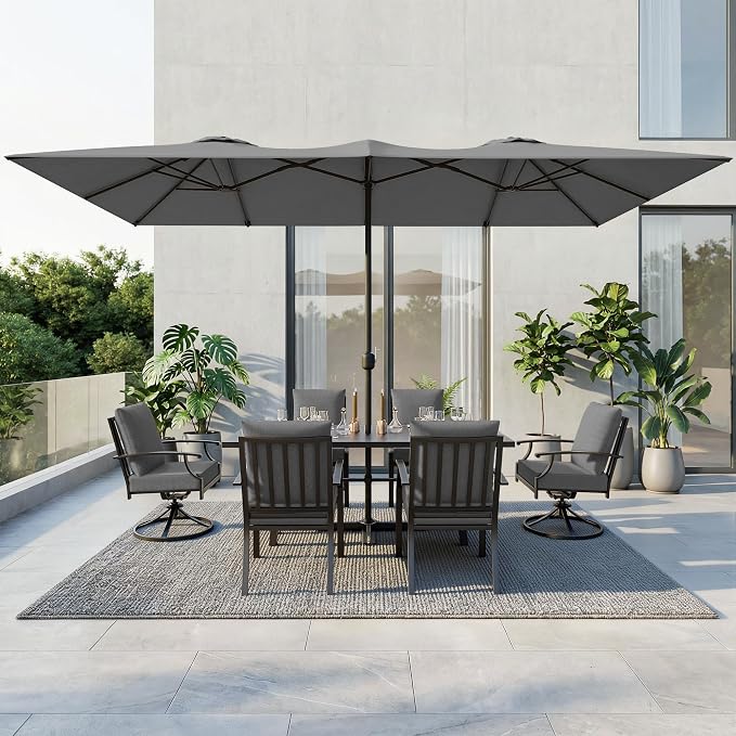 8 PCS Outdoor Patio Dining Set with 13.6ft Double-Sided Patio Umbrella,Patio Table and Chairs Metal Outdoor Patio Furniture Set,Dining Table Set with Swivel Chairs,Grey