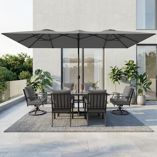 8 PCS Outdoor Patio Dining Set with 13.6ft Double-Sided Patio Umbrella,Patio Table and Chairs Metal Outdoor Patio Furniture Set,Dining Table Set with Swivel Chairs,Grey