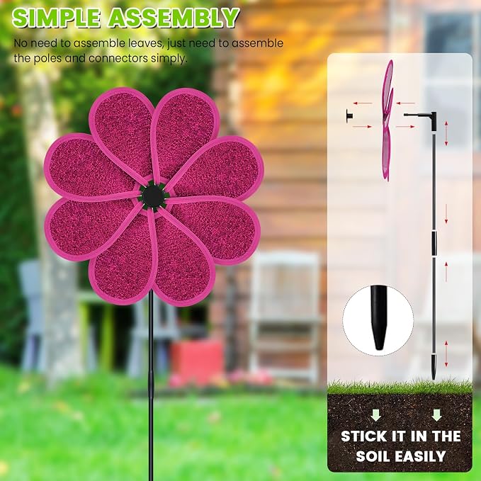 4 PCS 11.4" W x 28" H Reflective Pinwheels Sparkly Lawn Wind Spinners Colorful Rainbow Windmill for Garden Decoration Bird Devices Deterrent to Scare Birds Away（Rose Red）