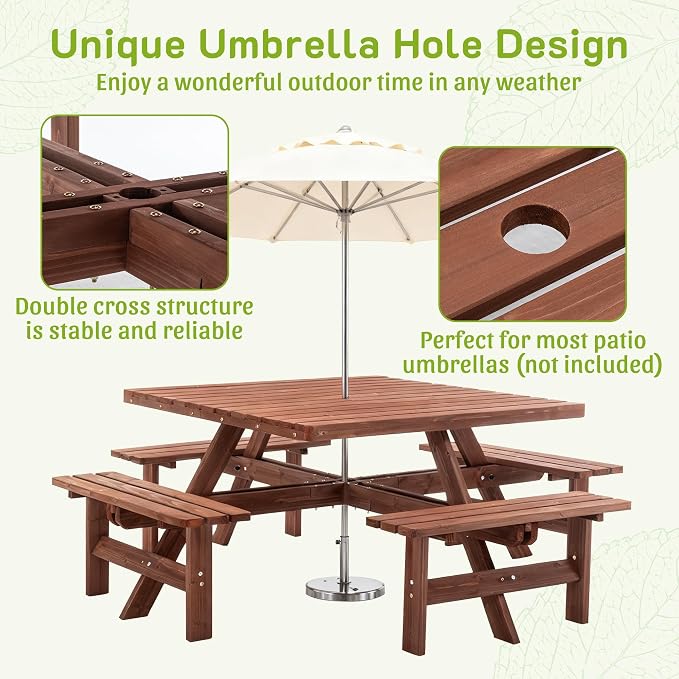 6-8 Person Square Picnic Table with Umbrella Hole Waterproof & Sturdy Cross StructureOutdoor Camping Wooden Dining Tables Set for Backyard Garden Camping Easy Clean,46.1",Brown