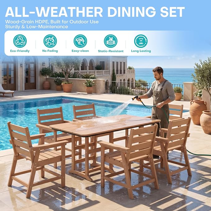 5-Piece Dining Set, HDPE Table & 4 Chairs,Cedar | HDPE Dining Set: 69.1" Table + 4 Chairs, 380 lbs, 304 Stainless, All-Weather, No Rust No Crack, Outdoor Patio Garden