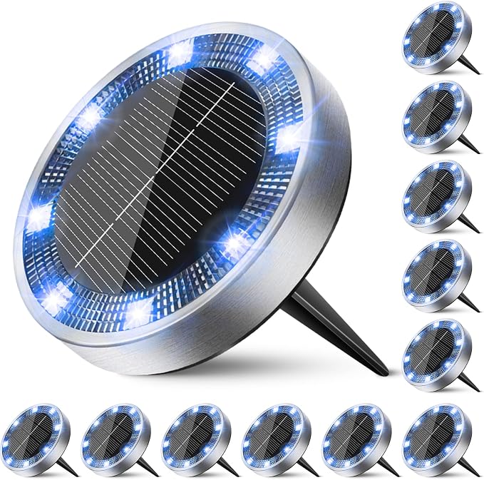Solar Ground Lights Outdoor, 12 Pack Flat Solar Powered Disc Lights, IP68 Waterproof, Anti-Rust, Landscape Lighting for Pathway Garden Yard Lawn Walkway Landscape Driveway, Blue
