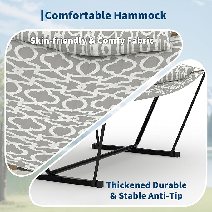 2 Person Heavy Duty Outdoor Hammock with Stand, Portable Double Hammock with Hardwood Spreader Bar, Pillow & Balance Ropes, 450LB Max Capacity with Carry Bag for Patio Backyard Garden Beach