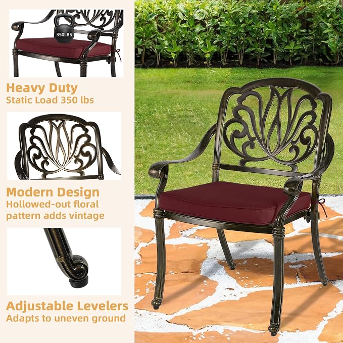 9-Piece Patio Furniture Dining Set, All Weather Cast Aluminum Outdoor Conversation Set- 61" Round Patio Dining Table with Detachable Lazy Susan & 8 Cushioned Chairs, Umbrella Hole, Chili Red