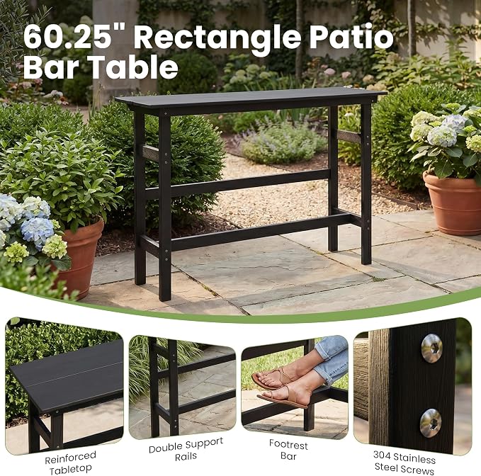 Outdoor Bar Height Table and Chairs Set, 3 Piece HDPE Outdoor High Top Table and Chairs, Reinforced Patio Pub Table with 2 Bar Stools, All Weather Bar Height Patio Set for Deck/Balcony, Black