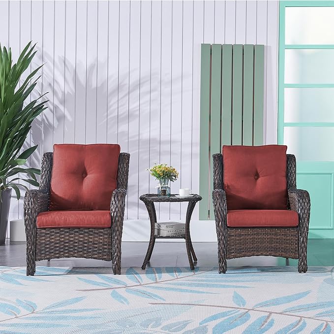 Rilyson Patio Furniture Chairs Outdoor Chair - 2 Piece Wicker Rattan Chairs Set with High Back and Deep Seating for Deck Porch Balcony Backyard Garden(Brown/Red)