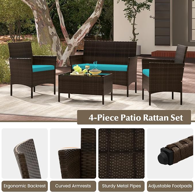 Tangkula 4 Piece Patio Rattan Conversation Set, Outdoor Wicker Furniture Set with Chair, Loveseat & Tempered Glass Table, Cozy Seat Cushions, Outside Sectional Sofa Set for Backyard (1,Turquoise)