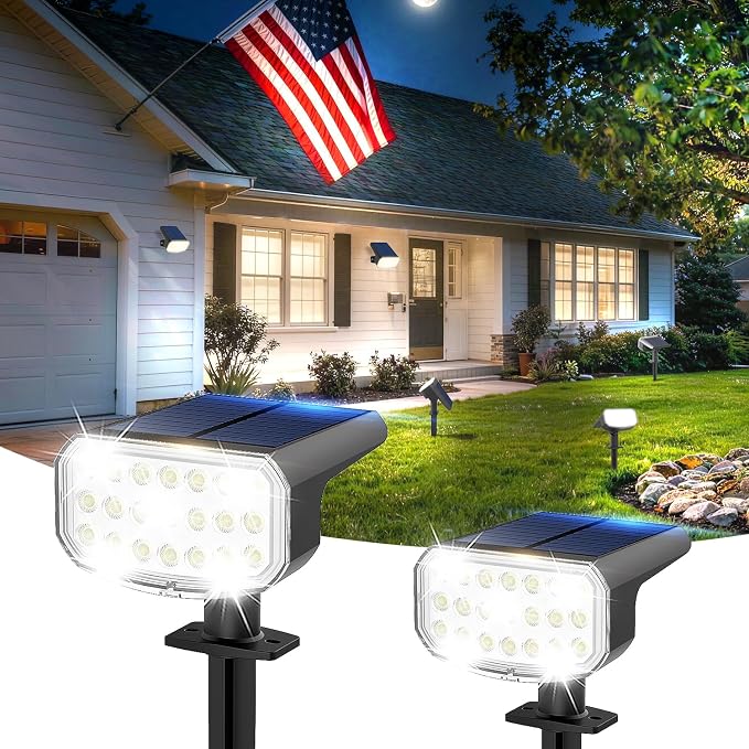 JEJOT Solar Lights Outdoor Waterproof IP65, Super Bright LED with Lens, 6500K 2 Lighting Modes, Solar Powered Yard Garden Solar Spot Lights for Outside Landscape Auto On/Off - 2 Pack