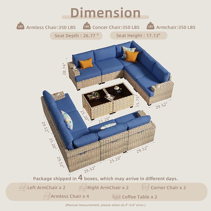 CAODOC Patio Furniture Sets 12 Pieces Outdoor Sectional Rattan Sofa Manual Weaving Wicker Patio Conversation Set with Ottomans and T Cushion(Blue)