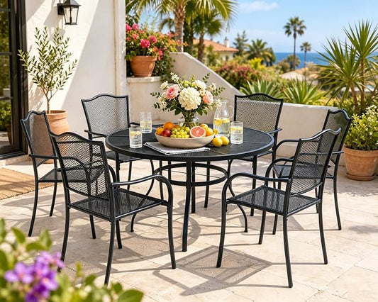 7 Piece Outdoor Dining Set, Patio Dining Table Set for 6, 47" Mesh Round Table with 6 Black Metal Mesh Outdoor Dining Chairs with Armrest for Lawn, Garden, or Porch