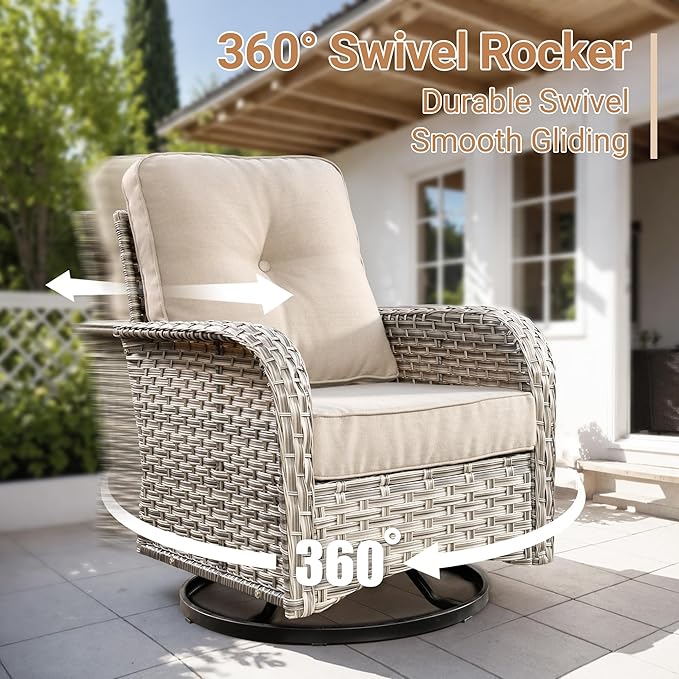 HOOOWOOO Sectional Patio Furniture Set with Swivel Chairs,9 Pieces Wicker Outdoor Furniture L Shaped Couch,Outside Conversation Set with Extra Deep Seat Sofa Wide Arm Solar Light Table,Beige