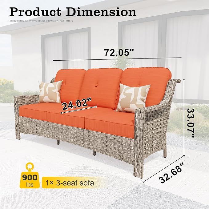 HOOOWOOO Patio Couch,Outdoor Wicker 3 Seater Sofa,All Weather Resistant High Back Rattan Deck Matching Furniture(Orange Red)