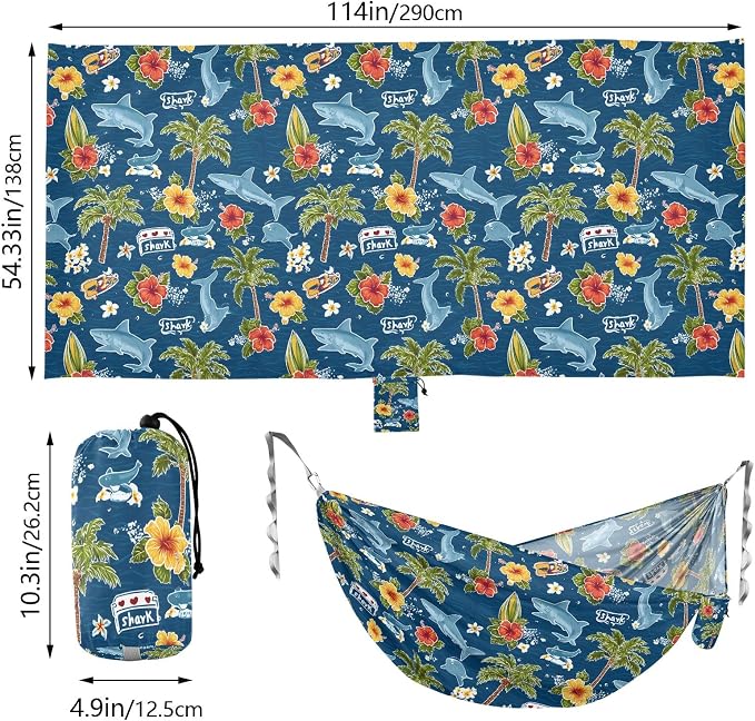 Camping Hammock Outdoor Hammocks for Outside Flower Shark Ocean Beach Trees Portable Lightweight with Pockets Tree Straps Indoor