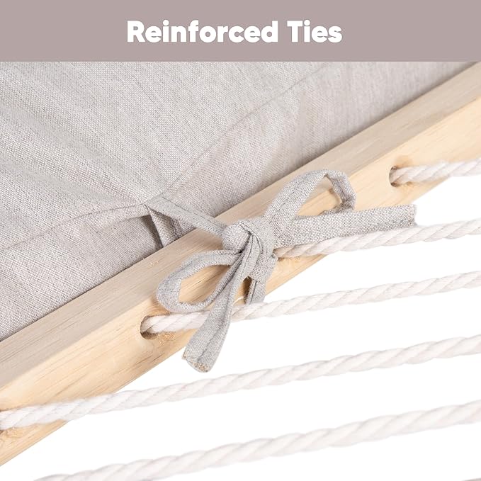 SUNCREAT Traditional Rope Double Hammock with Hardwood Spreader Bar and Detachable Large Pillow, 450 lbs Capacity