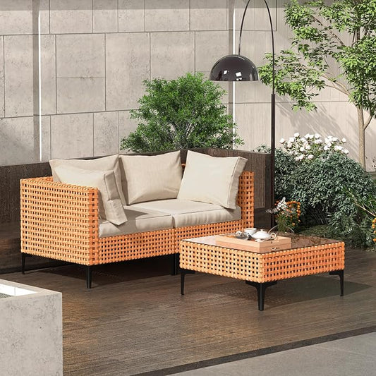 3 Piece Outdoor Patio Furniture Set Modular Outdoor Furniture Set Wicker Outdoor Sectional Sofa with Cushions Patio Set for Balcony Porch Deck Yard (Salmon&Orange Wicker, Sand Cushion)