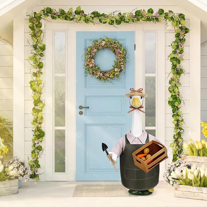 Sower Farmhouse Porch Goose Outfits Gardener 23 Inch Goose Clothes with Hat Basket Shovel Cute Geese Statue Costume for Spring Holiday Outdoor Garden Lawn Yard Patio Decor