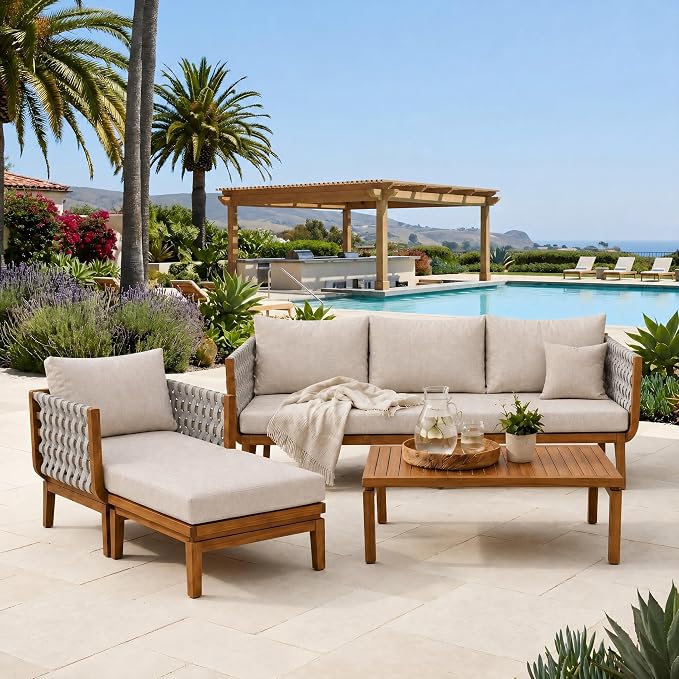 Christopher Knight Home Gwen 4 Piece Acacia Wood Patio Conversation Set with Sofa, Coffee Table, Ottoman and Club Chair, Patio Sofa Set with Cushions, Outdoor Patio Furniture Set for 5, Teak+Beige