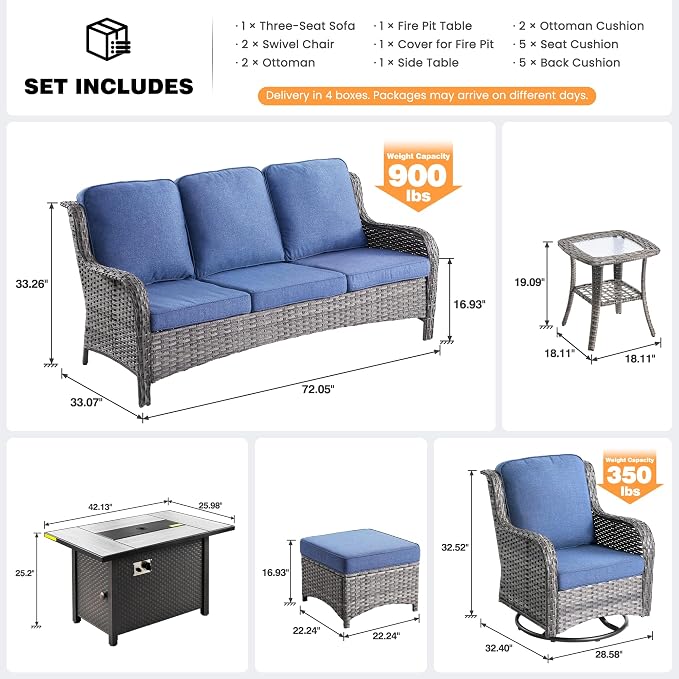 ovios 7-Piece Patio Furniture Set with Swivel Chairs Side Table, Outdoor Wicker Sofa with 42" Fire Pit Table, High Back Couch Modern Conversation Sets, Grey/Denim Blue