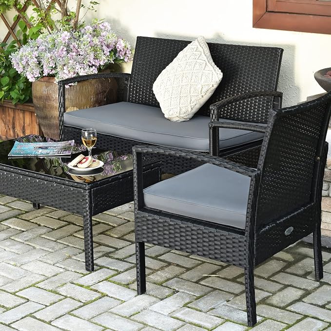 Outdoor Conversation Set 4 Pieces Patio Furniture, Wicker Patio Chair Sofa Set with Water-Resistant Gray Cushion & Tempered Glass Table for Backyard, Balcony, Porch(Black)