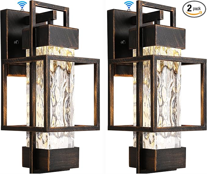 Modern Outdoor Light Fixtures Dusk to Dawn Outdoor Lighting 2 Pack, 15" Exterior Wall Sconce Waterproof Outside Porch Light for House with Water Glass Black Brushed Gold