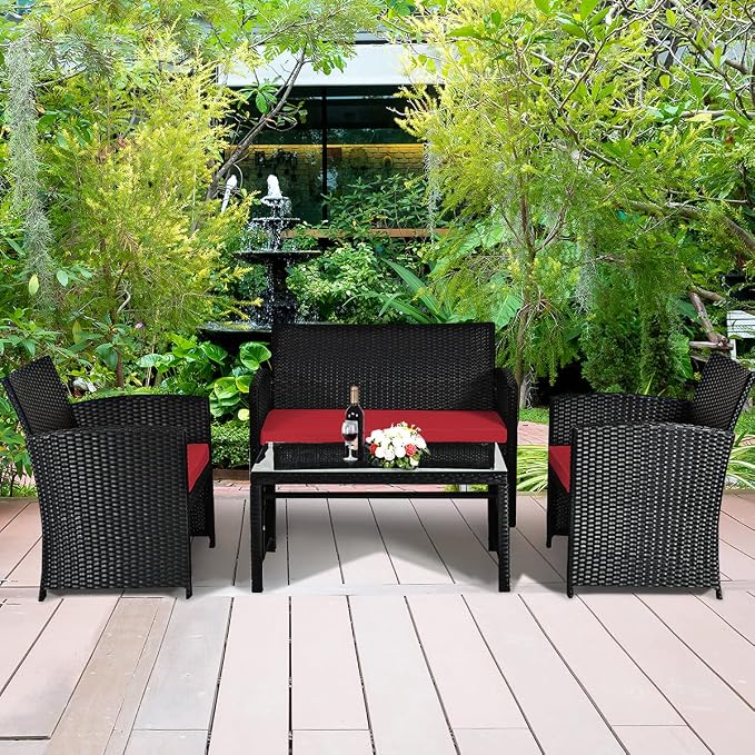 Tangkula Patio Wicker Conversation Furniture Set, Patiojoy Sofa & Table Set w/4 Seats, Outdoor Rattan Sofa Set for Balcony Backyard, Wicker Chair Set with Tempered Glass Coffee Table (1, Red)