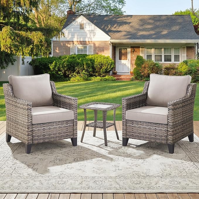 Belord Patio Chairs Set with Side Table, Outdoor Rattan Chairs for Deck Porch Garden, 3 Piece Luxury Patio Furniture Set, Beige