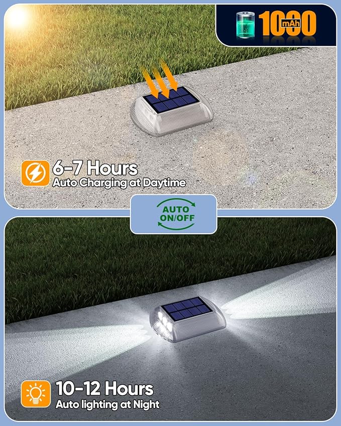 DetarZinLED Solar Driveway Lights Outdoor IP68 Waterproof Led 4 Pack White | Sturdy PC Shell, Stick on & Screw Mount, Markers Light for Outside Deck, Driveway, Step, Walkway, Patio, Pathway, Stair, pool