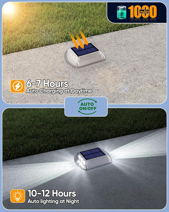 DetarZinLED Solar Driveway Lights Outdoor IP68 Waterproof Led 8 Pack White | Sturdy PC Shell, Stick on & Screw Mount, Markers Light for Outside Deck, Driveway, Step, Walkway, Patio, Pathway, Stair, pool