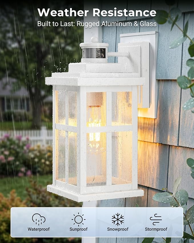 VIANIS Large White Outdoor Lights for House, Modern Motion Sensor Exterior Light Fixtures Wall Mount for Porch, 100% Aluminum Waterproof Outdoor Wall Sconce Lantern for Garage with Textured Seed Glass