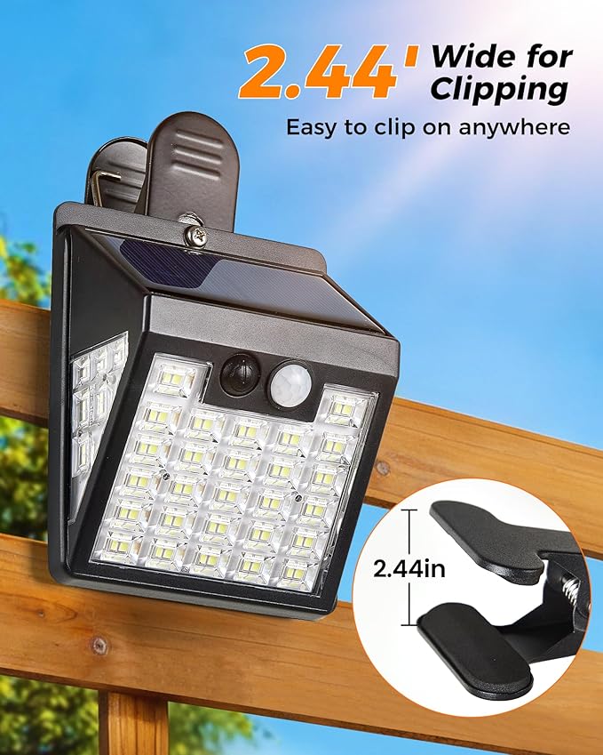 2 Pack Clip On Solar Lights Outdoor, 600LM Motion Sensor Solar Fence Lights, No Drill Installation Solar Lights for Fence Deck Railing Gutter, IP65 Waterproof Outdoor Security Lights