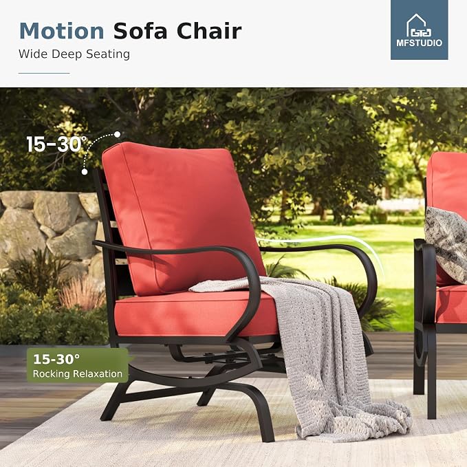 MFSTUDIO 6 Pieces Patio Furniture Sets with 45" Gas Fire Pit Table(Up to 7 Seat), Outdoor Metal Frame Patio Conversation Sofas with 1 x 3-Seat Sofa, 2 Rocking Chairs and 2 Ottoman, Burgundy Cushion