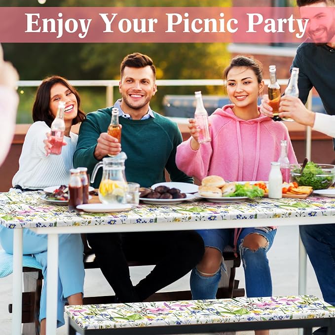 Boao 3 Pcs Vinyl Picnic Table Cover with Bench Cover 6 ft 30 x 72 Inch Waterproof Fitted Tablecloth Flannel Backing Rectangular Elastic Edged for Camping Outdoor Patio Travel(Wildflower)