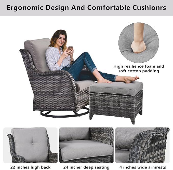 Belord Wicker Patio Furniture Sets - 8 Piece Rattan Outdoor Furniture Conversation Sets with 4 Swivel Rocker Chairs, Rattan Sofa, Wicker Ottomans and Coffee Table, Mixed Grey/Grey