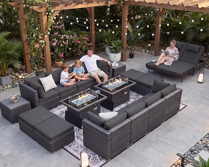 NICESOUL 18 Piece Outdoor Patio Furniture Set with Fire Pit, Large Size 14-Person Outdoor Sectional with Fire Pit & Chaise Lounge, 500 lbs Heavy Duty All-Weather Backyard Sitting Group, Grey