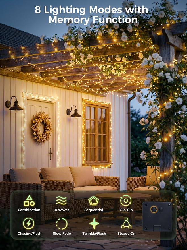 Solar String Lights for Outside,2 Pack 66FT 200 LEDs Solar Fairy Lights,Waterproof 8 Modes Button Outdoor String Light for Patio Garden Backyard Tree Wedding Christmas,Silver Wire,Warm White