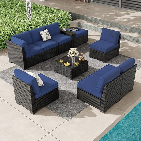 9 Pieces Outdoor Patio Furniture Set, Wicker Conversation Sets with Tea Table, Rattan Patio Sofa with Thick Cushions for Garden, Backyard Porch, Poolside,Navy