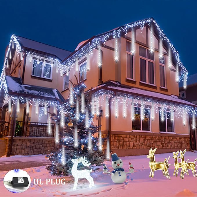 Weepong Christmas Lights Outdoor UL Certified Meteor Shower Lights 12 Inch 8 Tubes 192 LED Falling Rain Drop Icicle Snow Cascading Light for Xmas Tree Wedding Party Garden Decoration, White