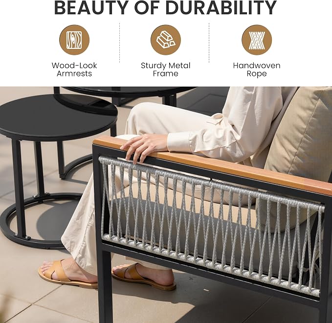 7-Piece L-Shaped Outdoor Sectional Sofa Set with Nesting Table | Hand-Woven PE Wicker, All-Weather Steel Frame, 4.3-Inch Thick Removable Cushions, Glass Coffee Table, Patio Conversation Set