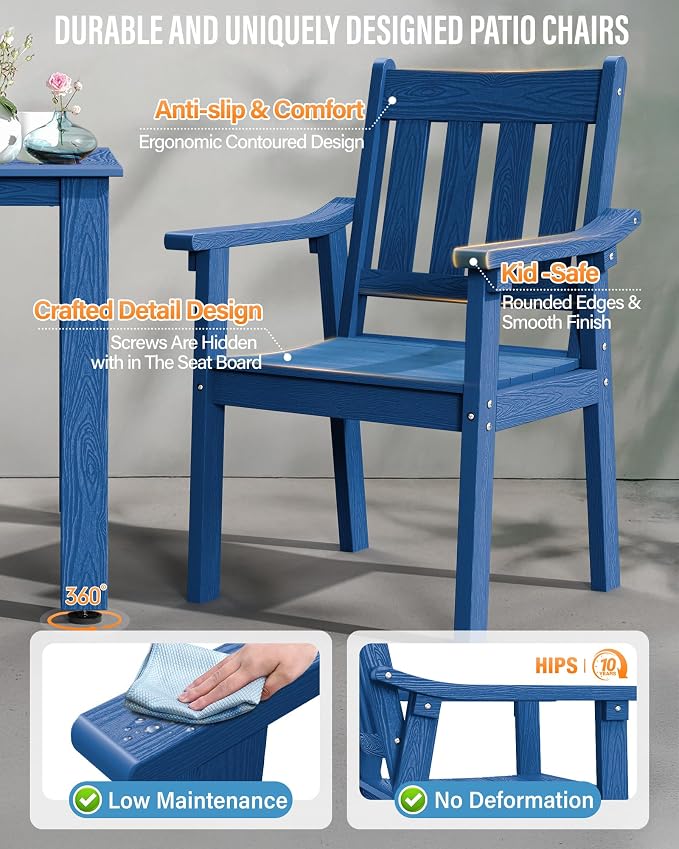 YEFU Outdoor Patio Chairs Set of 2: All Weather Outdoor Dining Chairs with Wide Curved Seat and Backrest - Plastic Patio Chairs for Outside Backyard/Garden/Pool/Porch/Deck 350lbs Capacity Blue