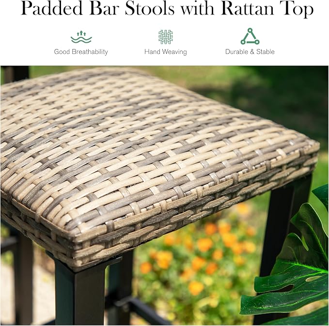 Sophia & William Outdoor Patio Bar Stools Set of 4, Counter Height Backless Rattan Wicker Bar Chairs with Adjustable Feet Mats, Patio Furniture with Metal Frame for Patio Kitchen Dining, 26.4" H