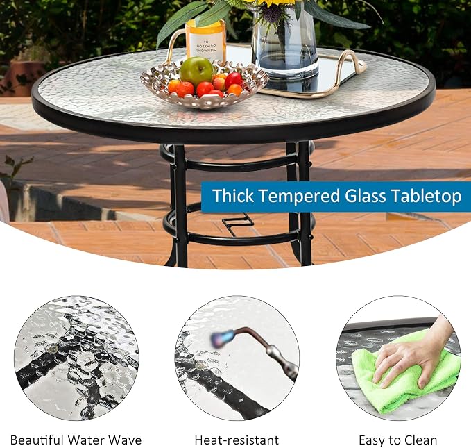 S AFSTAR Patio Bistro Table, Tempered Glass Table with 1.65” Umbrella Hole, Round Outdoor Dining Table, Round Patio Coffee Table for Deck Balcony Lawn Pool Backyard, 28”H x 32” D (Black)