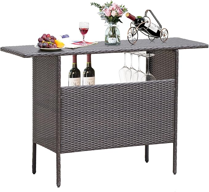 S AFSTAR Patio Rattan Bar Table, Outdoor Rattan Wicker Bar Counter Table with 2-Tier Metal Shelf & Steel Stemware Rack, Heavy-Duty Steel Frame, Waterproof Brown Rattan Table for Poolside, Backyard