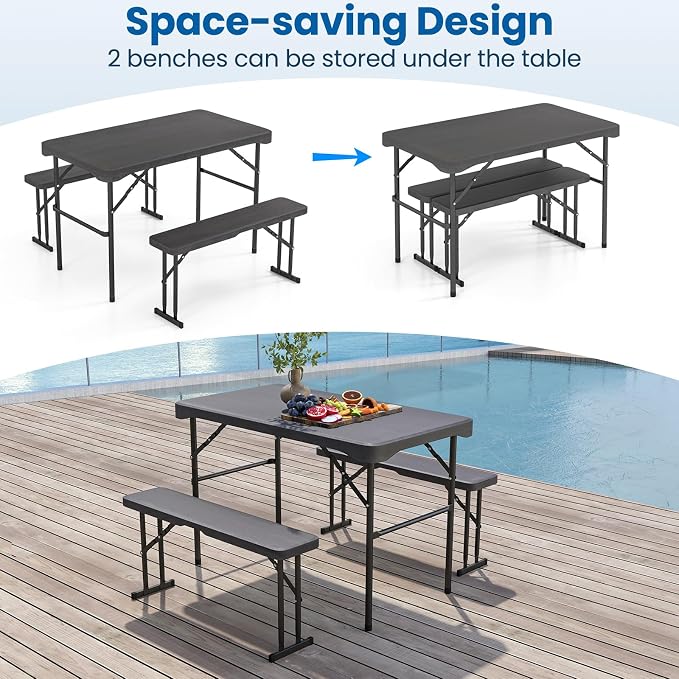 Tangkula Picnic Table with 2 Benches, 3 Piece Folding Picnic Table Set with HDPE Tabletop, Sturdy Metal Frame, 4 Person Plastic Folding Table for Indoor Outdoor Use (Black)