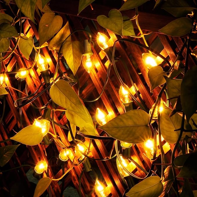 C7 Christmas Lights Outdoor, 25Ft C7 Warm White Christmas Decorations String Lights with 27 Clear Incandescent Bulbs, Vintage Christmas Lights for Roofline House Garden Patio Xmas Tree Party, Green