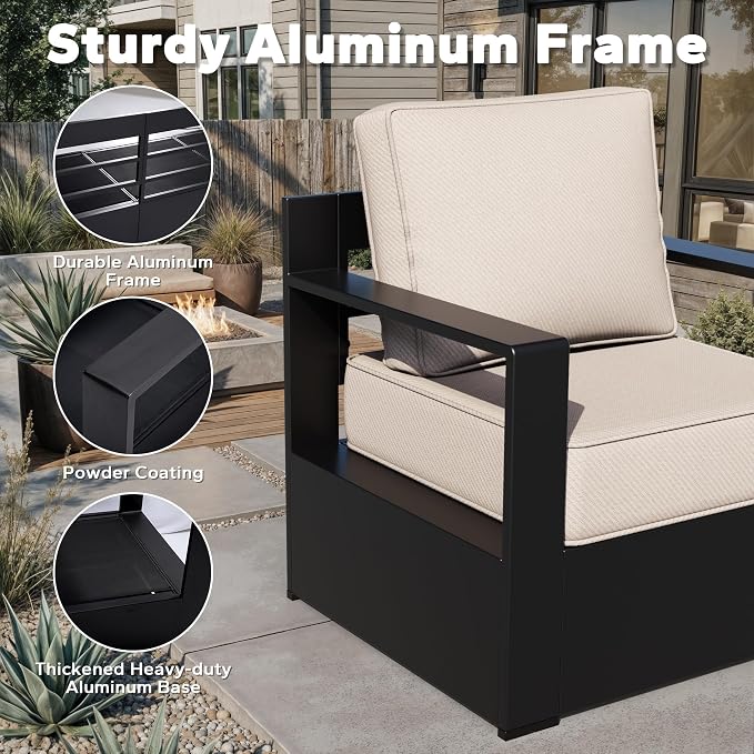 Outdoor Aluminum Furniture Set, 5-Piece Patio Conversation Set, 4 Chairs and 1 Sofa, All-Weather Metal Frame, 6" Thick Removable Cushions, Deep Setting for Garden, Poolside and Porch