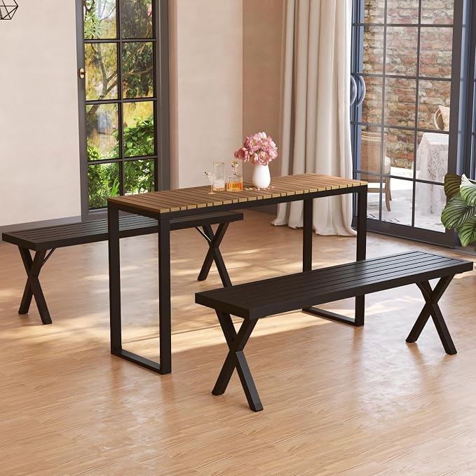 HAPPYGRILL Outdoor Rectangle Console Table with Metal Frame & Foot Pads, for 4-6 People, Patio Bar Dining Table for Backyard, Porch, Deck