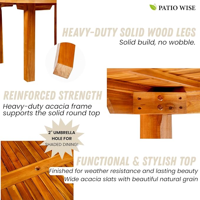 Patio Wise Round Acacia Wood Patio Table, Indoor/Outdoor Wooden Dining Tables, Deck, Balcony, & Porch Furniture, 57-Inches Long x 57" Wide x 29 ½ -Inches High with 2-Inch Umbrella Hole, Teak