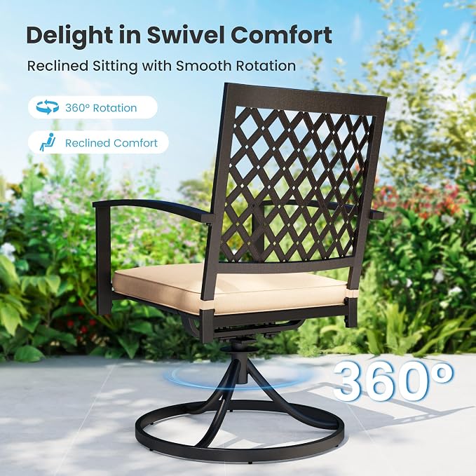 PHI VILLA 7 Pcs Outdoor Dining Set for 6&Fixed Swivel Chairs Combo | 60”Rectangular Black Metal Table with Umbrella Hole Patio Furniture Set for Patio, Deck, Backyard, Porch