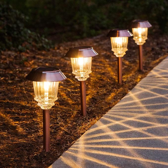 XMCOSY+ Solar Lights Outdoor Waterproof, 4 Pack Solar Lights for Outside | 10-40 LM Dimmable Warm White Metal & Glass Waterproof Outdoor Solar Lights For Yard Garden Lawn Driveway Walkway Pathways