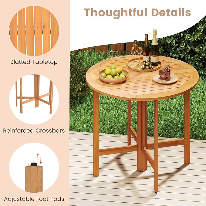 Tangkula 36 Inches Outdoor Folding Round Dining Table, No Assembly Patio Acacia Wood Bistro Table with Slatted Tabletop, 4-Person Outside Dining Furniture for Backyard, Porch, Balcony